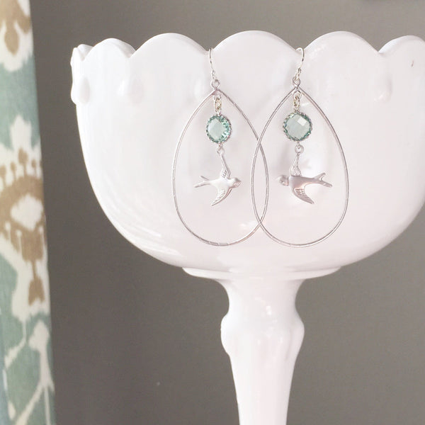 LARK | Silver Bird Earrings | Silver Teardrop Earrings | Silver + Sea Green Sparrow Earrings | Bridesmaid Earrings | Bridesmaid Gifts | Bird