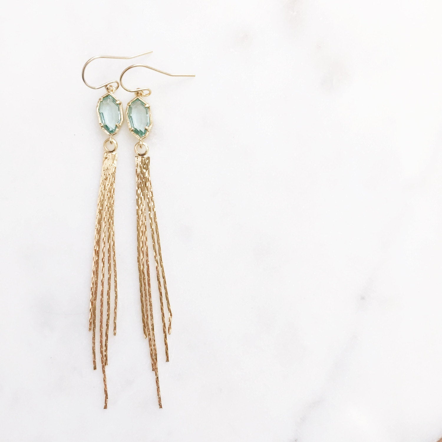 TALIA | Gold Tassel Earrings | Long Gold Tassel Earrings | Sea Green Stone + Tassel Earrings | Gold Dangle Tassel Earrings | Stone + Tassel