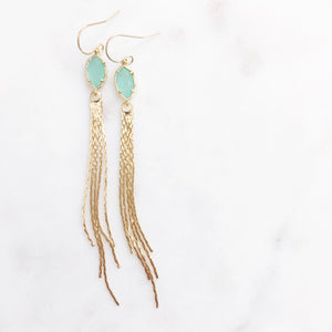 TALIA | Gold Tassel Earrings | Long Gold Tassel Earrings | Aqua Stone + Tassel Earrings | Gold Dangle Tassel Earrings | Stone + Tassel