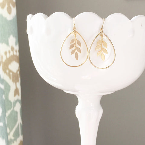 FELICITY | Gold Leaf Earrings | Gold Teardrop Earrings | Gold Laurel Leaf Earrings | Bridesmaid Earrings | Teardrop Earrings