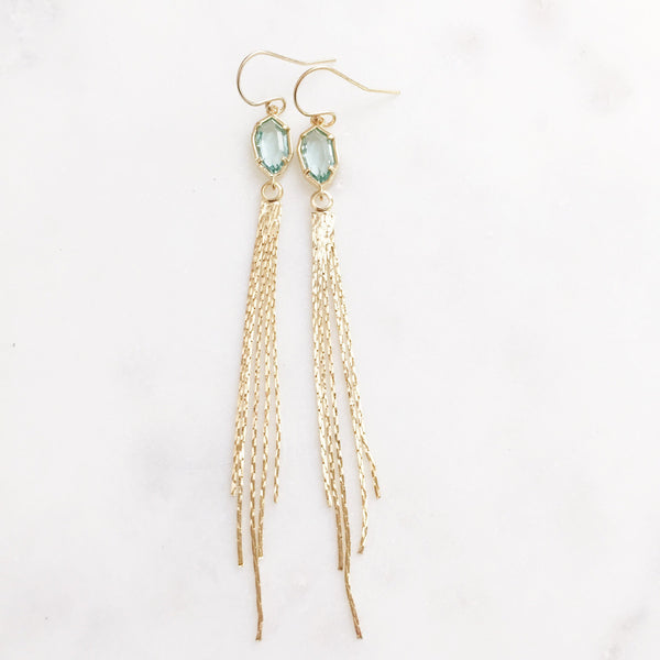 TALIA | Gold Tassel Earrings | Long Gold Tassel Earrings | Sea Green Stone + Tassel Earrings | Gold Dangle Tassel Earrings | Stone + Tassel