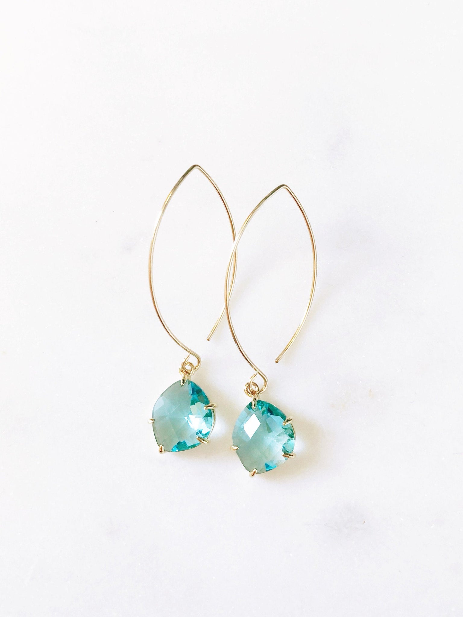 MAYA | Long Gold Wire Threader Earrings | Gold Filled Threaders | Long Gold Earrings | Long Dangle Earrings | Long Aqua Stone Dangle Earring