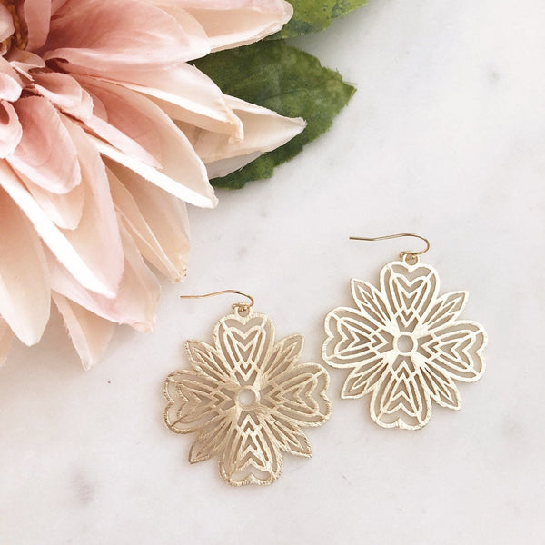 DAHLIA | Gold Flower Earrings | Gold Boho Earrings | Gold Statement Earrings | Brushed Gold Flower Earrings | Large Gold Earrings
