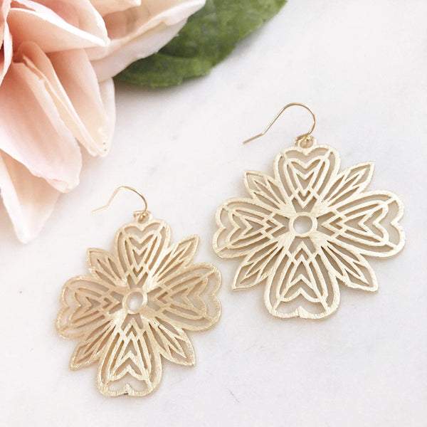 DAHLIA | Gold Flower Earrings | Gold Boho Earrings | Gold Statement Earrings | Brushed Gold Flower Earrings | Large Gold Earrings