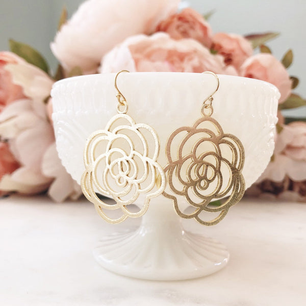 Flower Earrings, Flower Statement Earrings, Gold Statement Earrings, Boho Earrings, Floral Earrings, Big Flower Earrings Gold Earrings PEONY