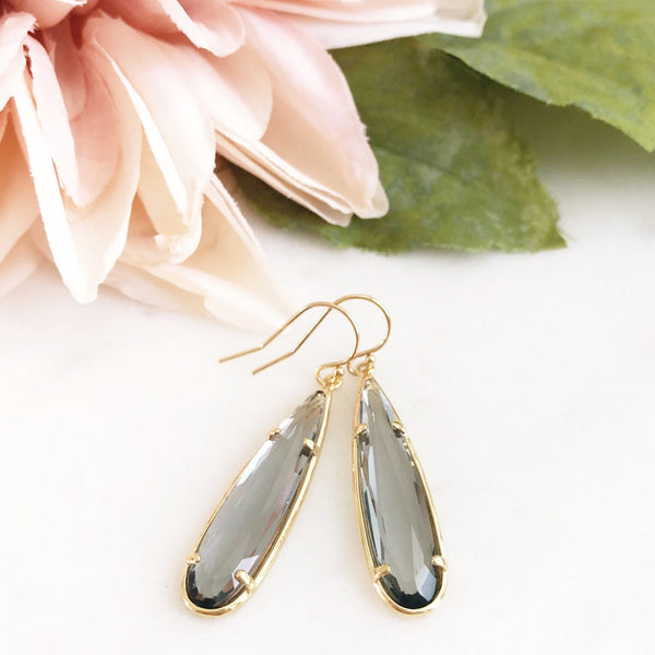 MACIE | Stone Teardrop Earrings | Gray Glass Teardrop Earrings | Charcoal Gray + Gold Teardrop Earrings | Gray Bridesmaid Earrings