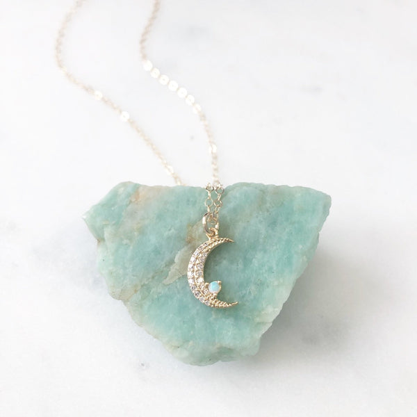 NELLA | Opal Moon Necklace | Opal Crescent Moon Necklace | Gold Moon Necklace | Dainty Crescent Necklace | The Dainty Doe Opal Necklace