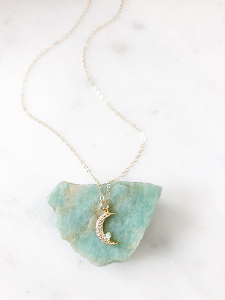 NELLA | Opal Moon Necklace | Opal Crescent Moon Necklace | Gold Moon Necklace | Dainty Crescent Necklace | The Dainty Doe Opal Necklace