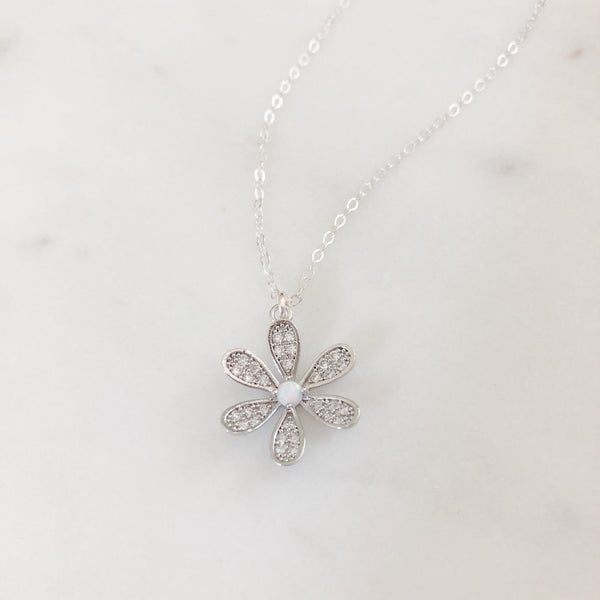 Daisy Necklace, Opal Necklace, Silver Flower Necklace, Dainty Silver Necklace, White Opal Necklace, Opal Jewelry, Sterling Silver, LULU