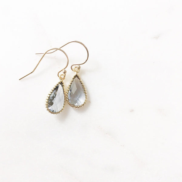 MISCHA | Gold + Gray Faceted Glass Teardrop Earrings | Charcoal Gray Drop Earrings | Gray Bridesmaid Earrings | Charcoal Gray Earrings