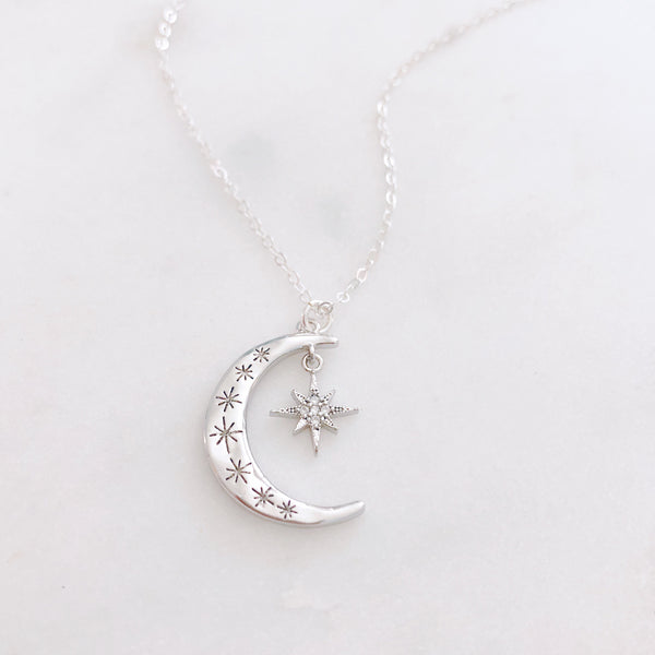 Crescent Moon Necklace, Moon Necklace Silver, Moon and Star Necklace, Best Friend Christmas Gift, AURORA