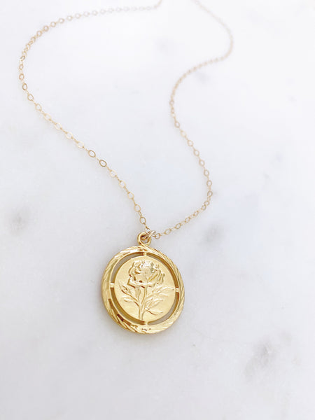 Gold Disc Necklace, Flower Necklace, Coin Necklace, Medallion Necklace, Best Friend Birthday Gifts, ROSIE