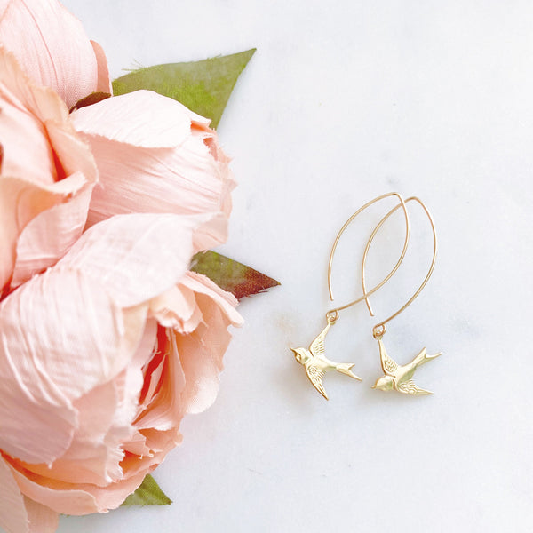 Swallow Earrings, Bird Earrings, Gold Dangle Earrings, Anniversary Gift for Wife, AVA