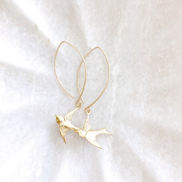 Swallow Earrings, Bird Earrings, Gold Dangle Earrings, Anniversary Gift for Wife, AVA