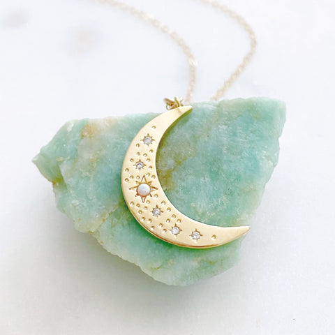 Crescent Moon Necklace, Moon Necklace, Opal Necklace, Celestial Jewelry, Best Friend Birthday Gifts, ESTELLE