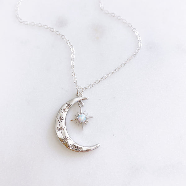 Moon Necklace, Crescent Moon Necklace, Silver Moon Necklace, Star Moon Necklace, Opal Necklace, Dainty Silver Necklace, AURORA