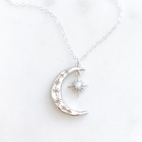 Moon and Star Necklace, Opal Necklace, Crescent Moon Necklace, Best Friend Birthday Gifts, AURORA