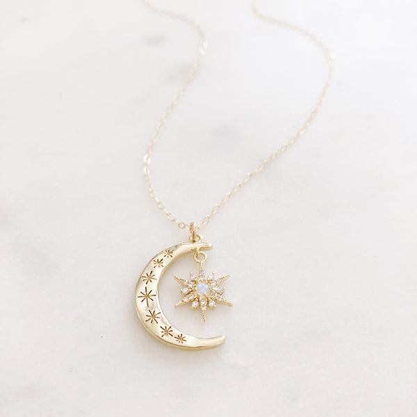 Moon Necklace, Crescent Moon Necklace, Opal Moon Necklace, Opal Necklace, Star Necklace, Dainty Gold Necklace, Star Moon Necklace, Aurora
