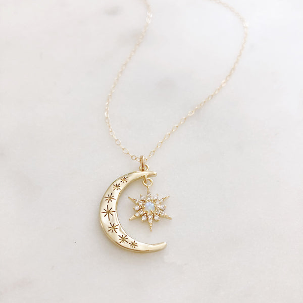 Moon Necklace, Crescent Moon Necklace, Opal Moon Necklace, Opal Necklace, Star Necklace, Dainty Gold Necklace, Star Moon Necklace, Aurora