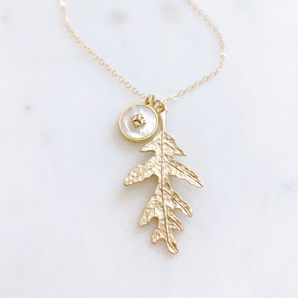 Leaf Necklace, Autumn Necklace, Mother of Pearl Necklace, Charm Necklace, Anniversary Gift for Wife, SEQUOIA