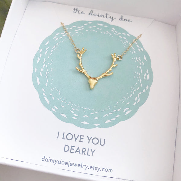 I LOVE YOU NECKLACE, Mothers Day Gift, Mom Gift, Antler Necklace, Deer Antlers, Antler Jewelry, Gold Antler Necklace, Gift For Her