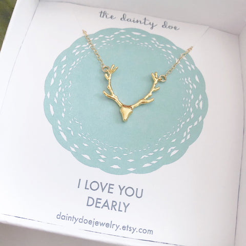 I LOVE YOU NECKLACE, Mothers Day Gift, Mom Gift, Antler Necklace, Deer Antlers, Antler Jewelry, Gold Antler Necklace, Gift For Her