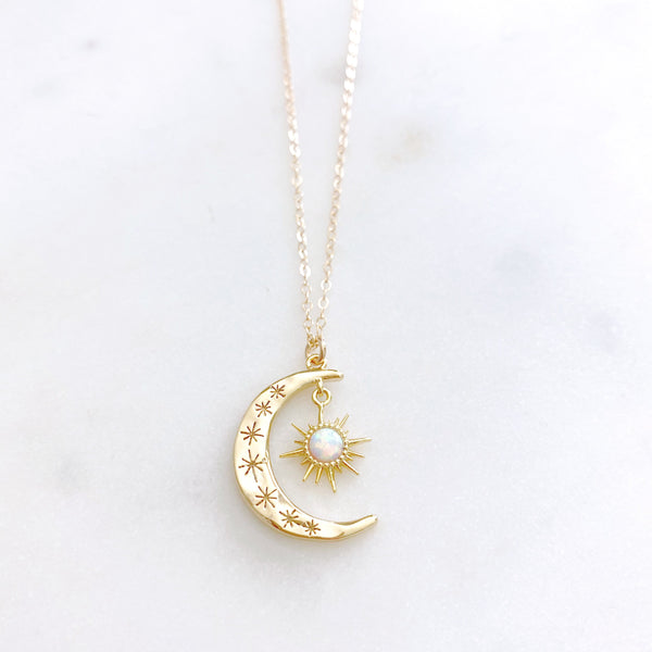Moon Necklace, Opal Necklace, Crescent Moon Necklace, Sun and Moon Necklace, Dainty Gold Necklace, Aurora
