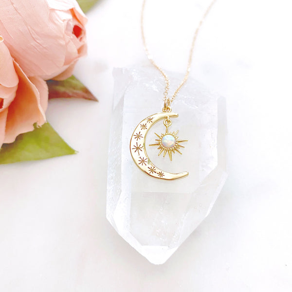 Moon Necklace, Opal Necklace, Crescent Moon Necklace, Sun and Moon Necklace, Dainty Gold Necklace, Aurora