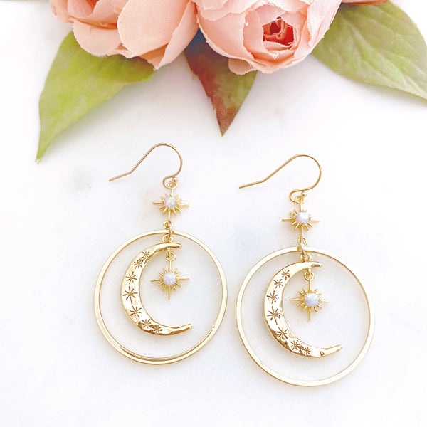 Star and Moon Earrings, Opal Earrings, Celestial Earrings, Eclipse
