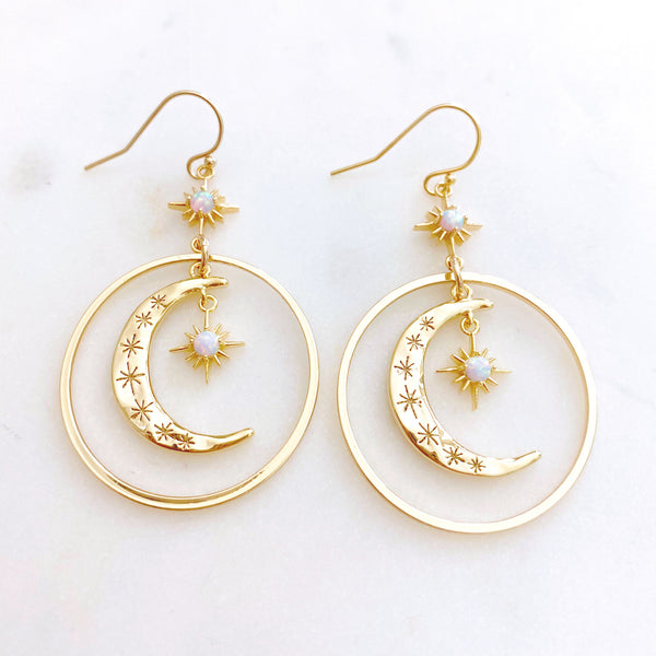 Star and Moon Earrings, Opal Earrings, Celestial Earrings, Eclipse
