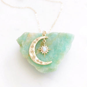Moon and Star Necklace, Opal Necklace, Crescent Moon Necklace, Star Necklace, Dainty Gold Necklace, Moon Necklace, Aurora