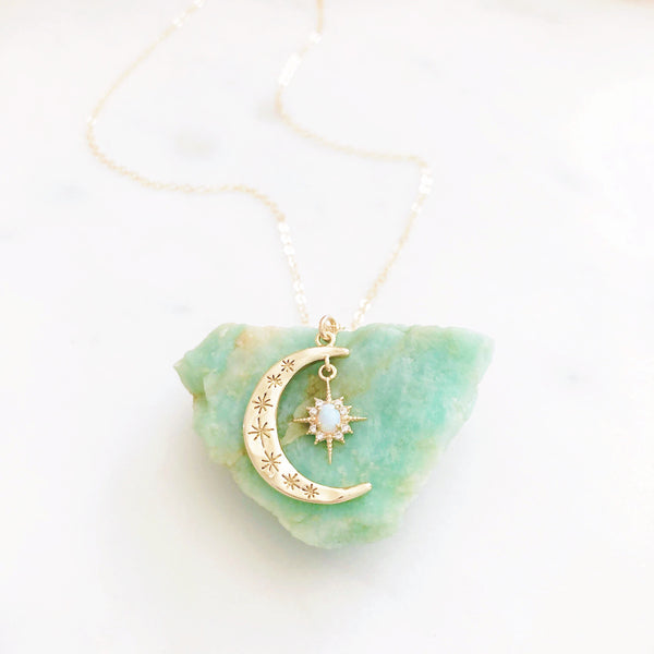 Moon and Star Necklace, Opal Necklace, Crescent Moon Necklace, Star Necklace, Dainty Gold Necklace, Moon Necklace, Aurora
