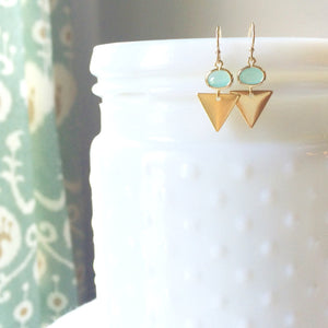 LEIGHTON | Tiny Triangle Earrings Gold | Tiny Aqua Dangle Earrings | Gold Arrow Earrings | Aqua Boho Earrings | Dainty Aqua + Gold Triangle