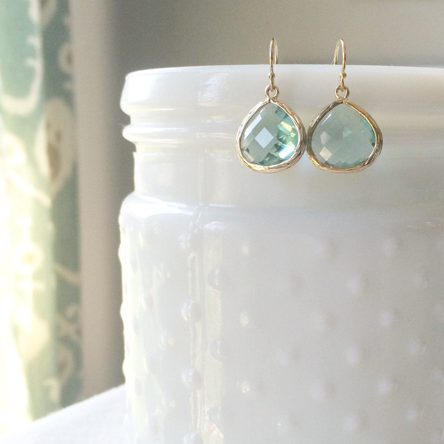 MOLLY | Sea Green Dangle Earrings | Sea Green Bridesmaid Earrings | Teardrop Earrings | Sea Green + Gold Earrings | Sea Green Crystal