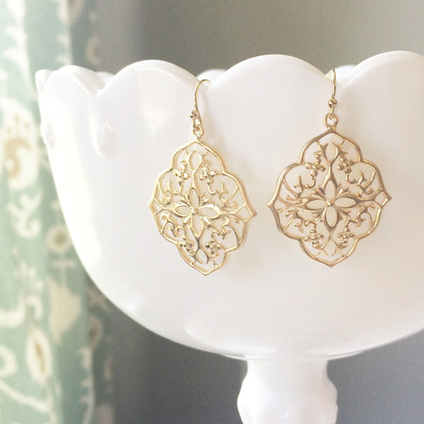 JASMINE | Gold Floral Filigree Earrings | Gold Quatrefoil Earrings | Bridesmaid Earrings Gold | Gold Flower Earrings | Pretty Earrings Gold