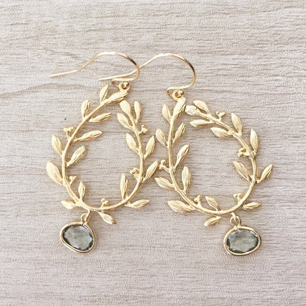 LAUREL | Bridesmaid Earrings | Charcoal Gray + Gold Laurel Wreath Earrings | Gold Teardrop Earrings | Leaf Earrings Gold | Gray Bridesmaid