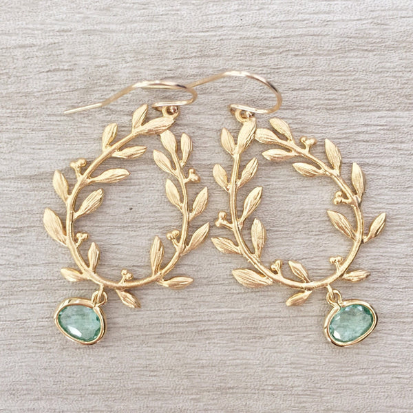 LAUREL | Laurel Wreath Earrings Gold | Gold Leaf Earrings | Gold Teardrop Earrings | Bridesmaid Earrings | Gold + Sea Green Leaf Bridesmiad