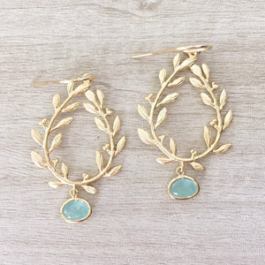 LAUREL | Gold Laurel Leaf Earrings | Bridesmaid Earrings Gold | Gold + Aqua Laurel Wreath Earrings | Gold Teardrop Aqua Dangle Earrings
