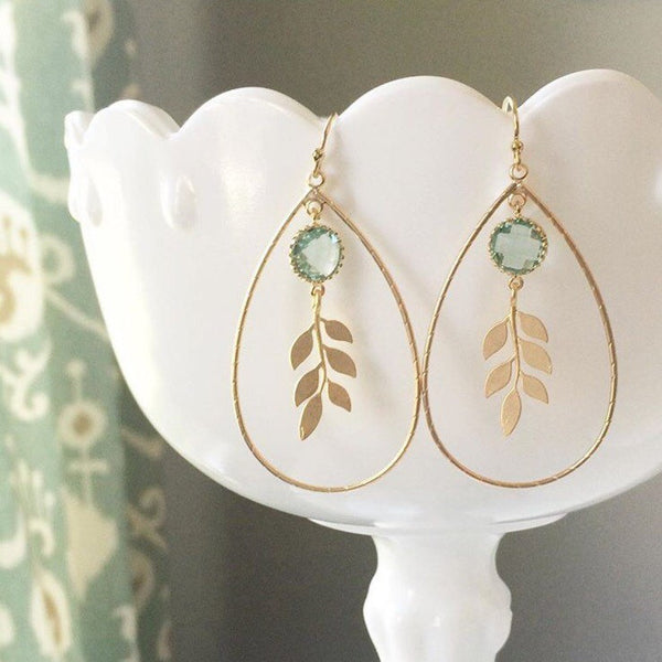 WILLOW | Gold Teardrop Earrings | Gold Leaf Earrings | Sea Green Drop Laurel Sprig Leaf Earrings | Bridal Earrings | Bridesmaid Earrings