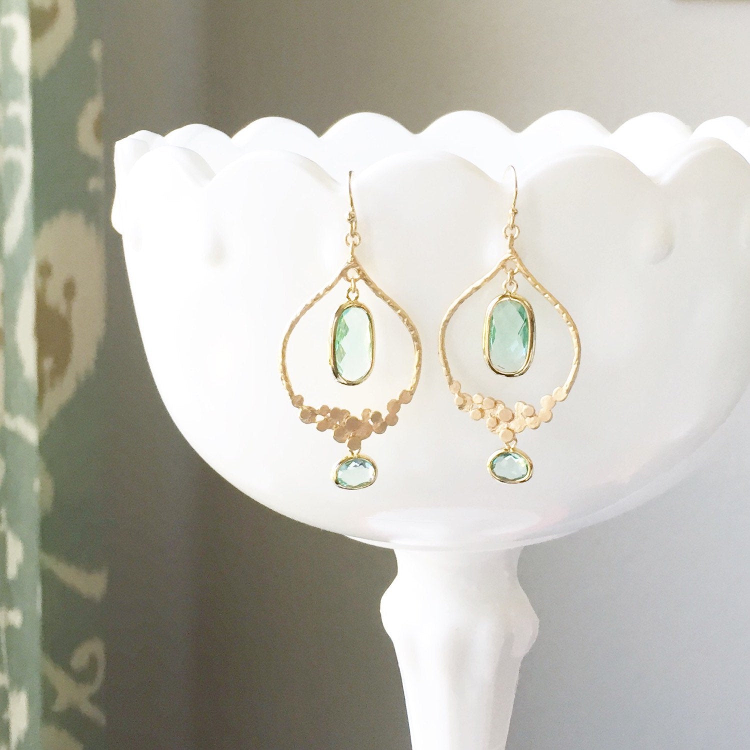 FLORENCE | Gold Teardrop Earrings | Gold Bubble Teardrop + Sea Green Drop Earrings | Dangle Earrings | Bridesmaid Earrings Sea Green