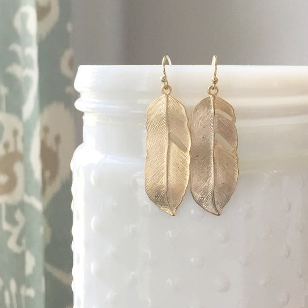 AVERY | Gold Feather Earrings | Long Gold Feather Earrings | Simple Earrings |Everyday Earrings | Feather Dangle Earrings