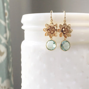 HATTIE | Gold Flower Bridesmaid Earrings | Sea Green Bridesmaid Earrings | Lotus Flower Earrings Gold | Sea Green Dangle Earrings Floral